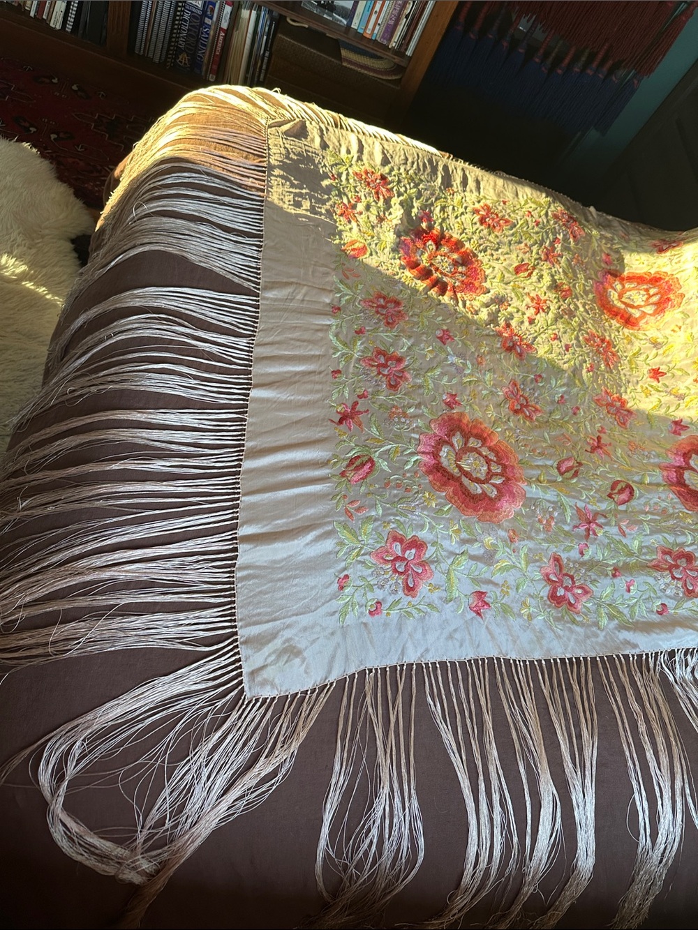 Vintage Silk Piano Shawl Hand-Embroidered Floral in Pale Pink- hot pink flowers - Picture 10 of 16